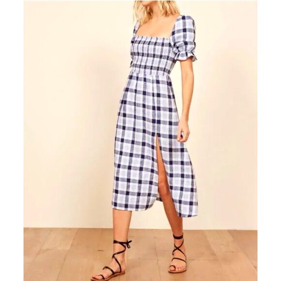 Reformation S Marabella 100% Linen Midi Dress Puff Sleeve Gingham Blue Plaid 4 6 - Picture 1 of 9